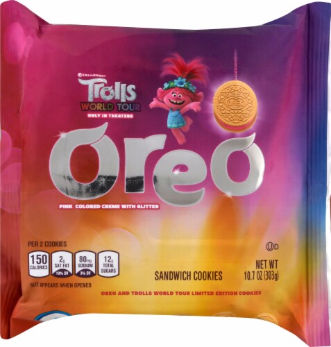 Oreo Trolls World Tour Pink Glitter Colored Creme Golden Sandwich Cookies Perspective: front