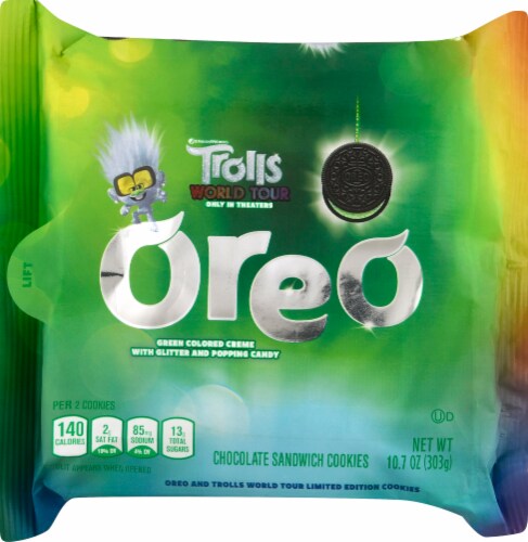 Oreo Trolls World Tour Green Glitter & Popping Candy Creme Chocolate Sandwich Cookies Perspective: front