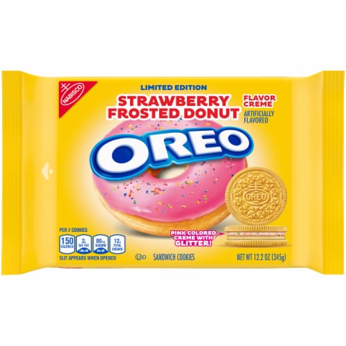 Oreo Strawberry Frosted Donut Sandwich Cookies Perspective: front