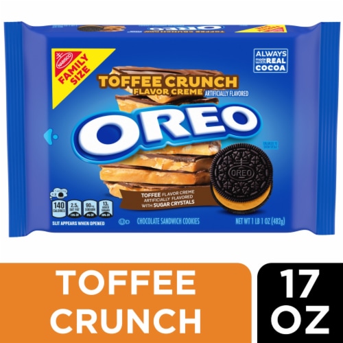 OREO Toffee Crunch Creme With Sugar Crystals Chocolate Sandwich Cookies Family Size Perspective: front