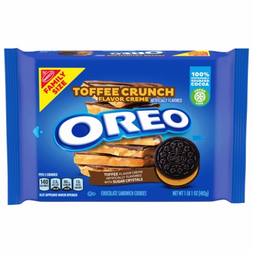 Oreo Toffee Crunch Creme With Sugar Crystals Chocolate Sandwich Cookies Perspective: front