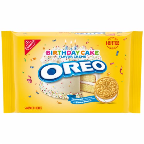 OREO Golden Birthday Cake Creme Sandwich Cookies Perspective: front