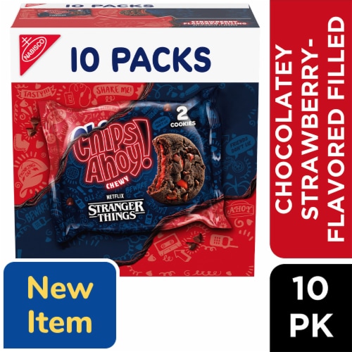 CHIPS AHOY! Stranger Things Chewy Chocolatey Strawberry-Flavored Filled Soft Cookies Perspective: front