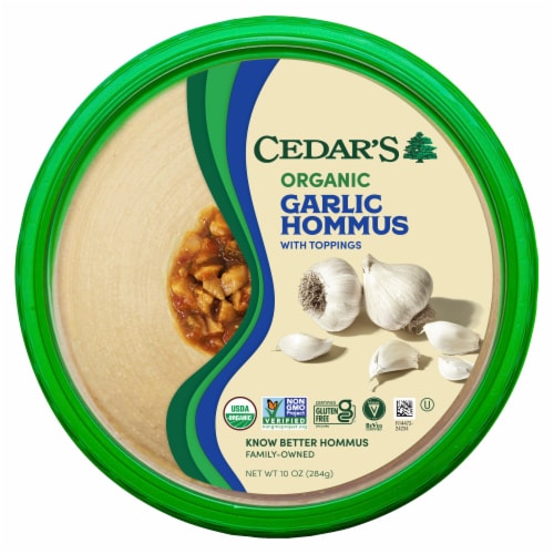 Cedar's Topped Organic Garlic Hommus Perspective: front
