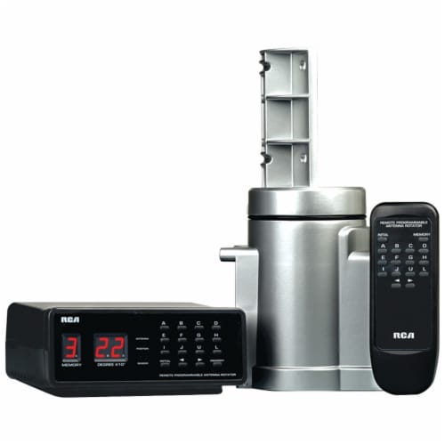 RCA Digital RV & FM Radio Black Box, Silver Rotator Outdoor Antenna VH226E Perspective: front