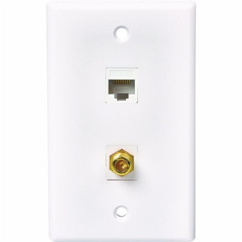RCA White Flush Mount Plastic CAT 5E/6 Data & Coax Wall Jack TPH567R Perspective: front