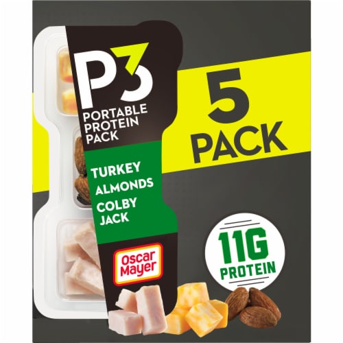 P3 Portable Protein Snack Pack with Turkey Almonds & Colby Jack Cheese Perspective: front