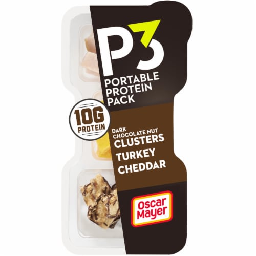 P3 Portable Protein Snack Pack with Dark Chocolate Almond Nut Clusters Turkey & Cheddar Cheese Perspective: front
