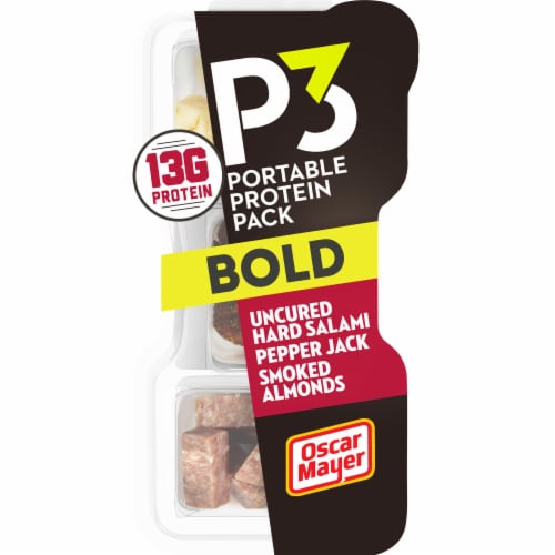 P3 Bold Portable Portein Snack Pack with Uncured Hard Salami Pepper Jack Cheese & Smoked Almonds Perspective: front