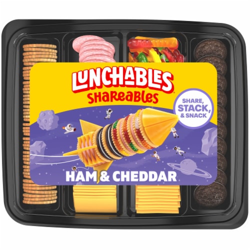 Lunchables Shareables Ham & Cheddar with Crackers, Chocolate Creme Cookies and Gummy Worms Perspective: front