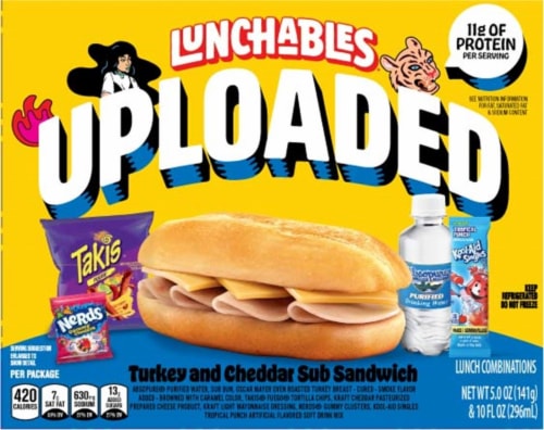 Lunchables® Uploaded Turkey and Cheddar Sub Sandwich With Takis® Nerds® Absopure Water and Kool-Aid® Perspective: front