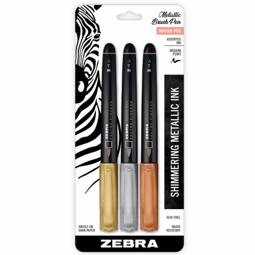 Zebra Shimmering Metallic Ink Brush Pen Pack - Gold/Silver/Bronze Perspective: front