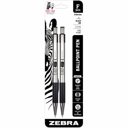 Zebra Pen F-301 Stainless Steel Retractable Ballpoint Pen, 0.7mm, Black Ink 2-Pack Perspective: front