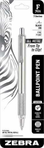 Zebra Pen F-701 Stainless Steel Ballpoint Retractable Pen, Black Ink, Fine Point 0.8mm Perspective: front