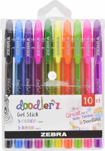 Zebra Doodler'z Gel Stick Fashion and Neon Color Pens 10 Pack Perspective: front