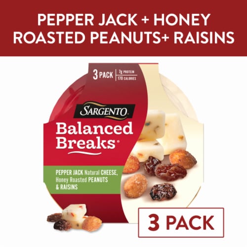 Sargento Balanced Breaks Pepper Jack Cheese Peanuts & Raisins Snack Packs Perspective: front