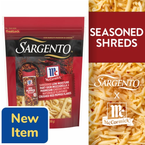 Sargento® McCormick® Mozzarella & Parmesan Shredded Cheeses with Crushed Red Pepper Perspective: front