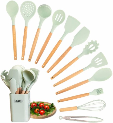 Kitchen Silicone Cooking Utensil 13-Piece Set with Stand, Wood