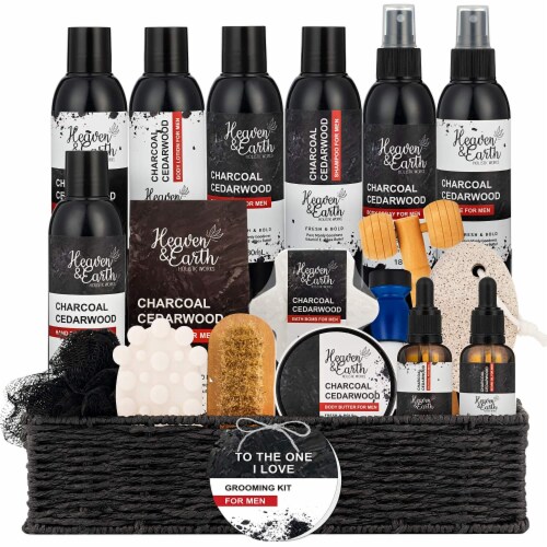 Grooming Kit for Men 18-Piece Gift Set. Charcoal Cedarwood, Natural. Bath & Body Perspective: front