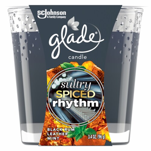 Glade Sultry Amber Rhythm Black Rum Leather & Mint Scented Candle Perspective: front