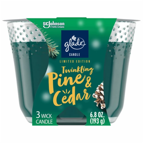 Glade 3 Wick Scented Candle, Twinkling Pine & Cedar, Fragrance Infused with Essential Oils, 6.8 oz Perspective: front