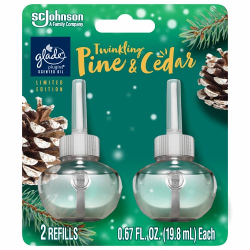 Glade PlugIns Scented Oil, Air Freshener, 2 Refills, Twinkling Pine & Cedar, 0.67 oz Each Perspective: front