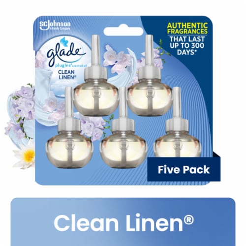 Glade PlugIns Scented Oil Refill Clean Linen, Essential Oil Infused Wall Plug In, 3.35 fl oz, 5 Pack Perspective: front
