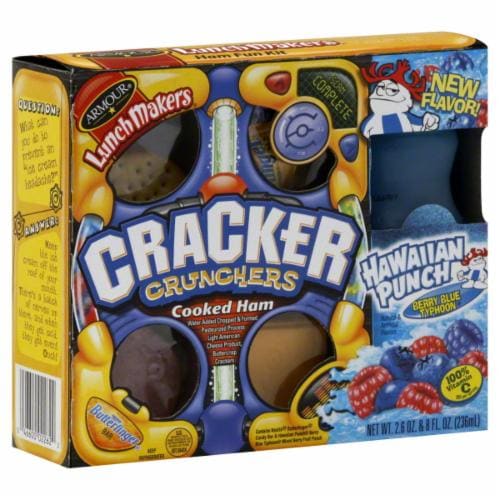 Armour Lunchmakers Cracker Crunchers Cooked Ham/Hawaiian Berry Blue Punch Perspective: front
