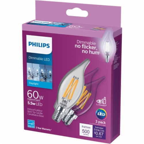 Philips 5.5-Watt (60-Watt) Candelabra Base Bent Tip Candle BA11 LED Light Bulbs Perspective: front