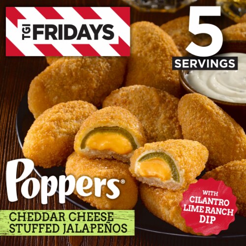 TGI Fridays Frozen Appetizers Cheddar Cheese Jalapeno Poppers with Cilantro Lime Ranch Dip Box Perspective: front