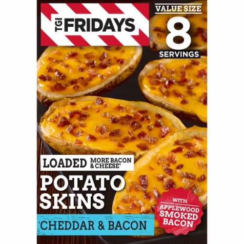 TGI Fridays Loaded Cheddar & Bacon Potato Skins Value Size Frozen Snacks, Box Perspective: front