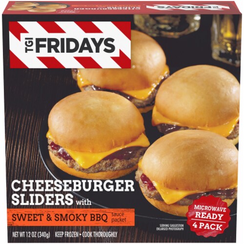 TGIF Cheeseburger Sliders with Sweet & Smoky BBQ Sauce Perspective: front