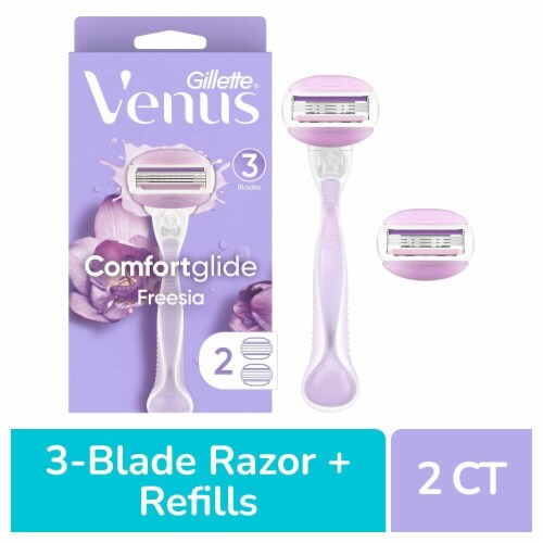 Gillette Venus ComfortGlide Women's Freesia Scented 3-Blade Razors Handle and Refill Cartridges Perspective: front