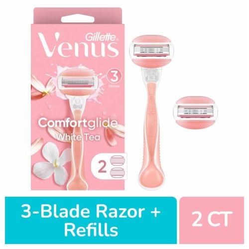 Gillette Venus ComfortGlide Women's White Tea Scented 3-Blade Razors Handle and Refill Cartridges Perspective: front