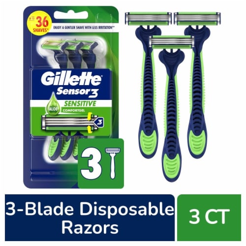 Gillette Sensor3 Men's Sensitive Skin 3-Blade Disposable Razors Perspective: front