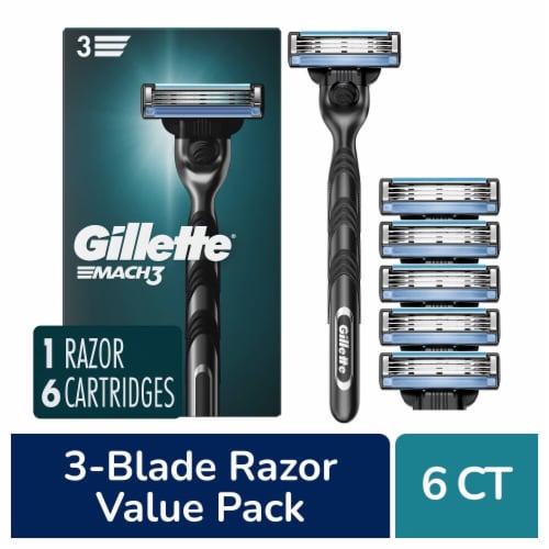 Gillette Mach3 Men's 3-Blade Razor Handle + Blade Refill Cartridges Value Pack Perspective: front
