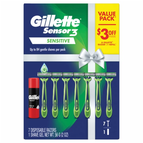 Gillette Men's Sensor3 Sensitive Disposable Razor & Foamy Shave Cream Holiday Gift Pack Perspective: front