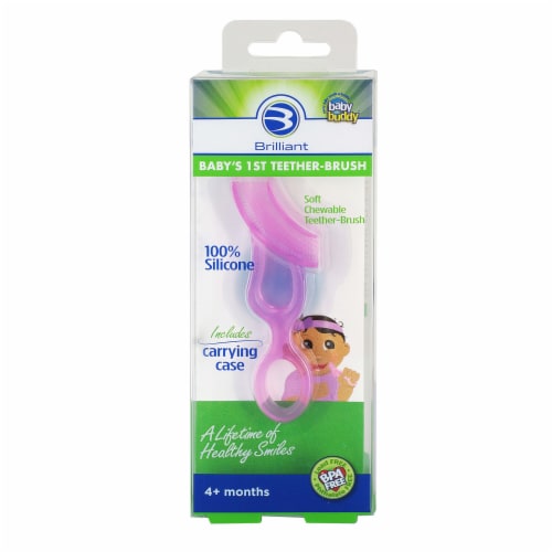 Brilliant Babys 1st Teether-Brush with Case, Silicone, Chewable Brush, Pink Perspective: front