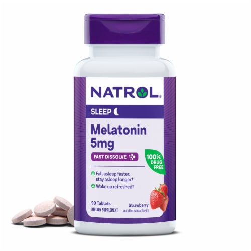 Natrol® Melatonin Sleep Aid Supplement Strawberry Flavored Fast Dissolve Tablets Perspective: front