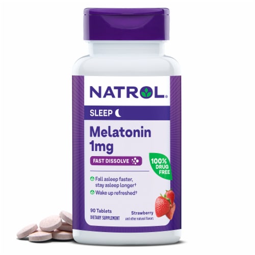 Natrol® Melatonin Sleep Aid Supplement Strawberry Flavored Fast Dissolve Tablets Perspective: front