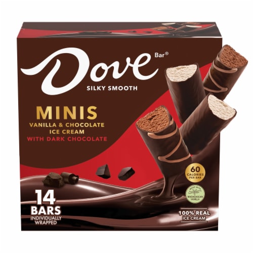 DOVE Dark Chocolate Mini Ice Cream Bars with Vanilla and Chocolate Ice Cream Perspective: front