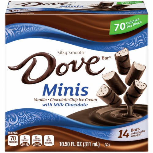 Dove Bar Minis Vanilla Chocolate Chip Ice Cream with Milk Chocolate Bars Perspective: front