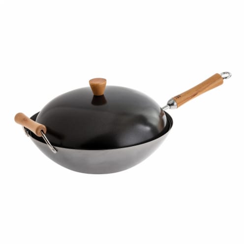 Joyce Chen Classic Series 14in Uncoated Carbon Steel Flat Bottom Wok Set Perspective: front