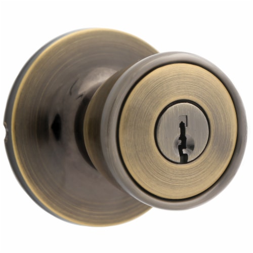 Atlas Keyed Door Knob with Round Rosette - Antique Brass Perspective: front