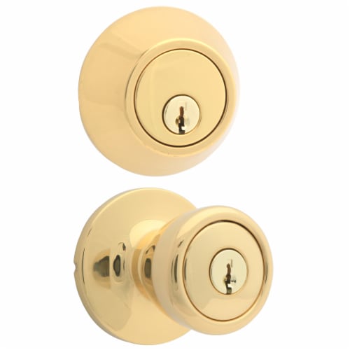 Atlas Polished Brass Tulip Door Knob Lock Combo Kit Perspective: front