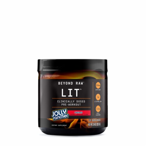 GNC Beyond Raw® Lit® Clinically Dosed Cherry Jolly Rancher Pre-Workout Supplement Perspective: front