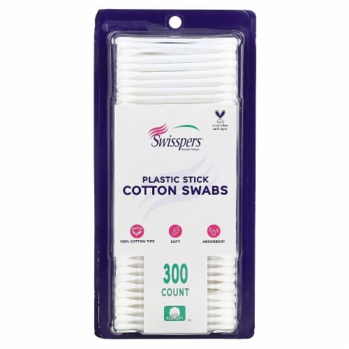 Swisspers® Cotton Swabs 100% Cotton Double-Tipped White Plastic Sticks Perspective: front