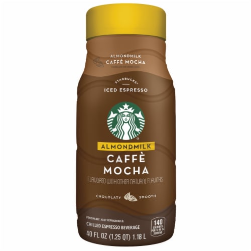 Starbucks Caffe Mocha Almond Milk Chilled Espresso Coffee Beverage 40 oz Bottle Perspective: front