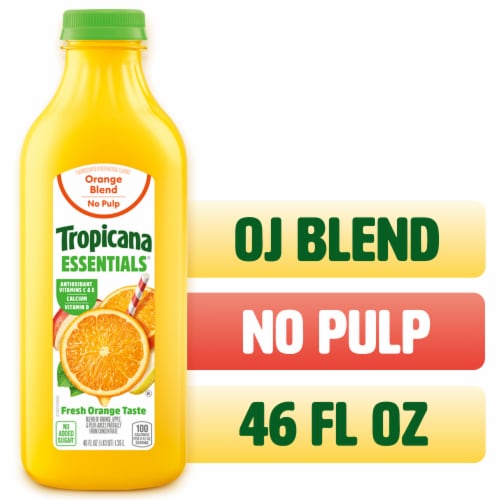 Tropicana Essentials Flavored Orange Juice Beverage Blend With Other Fruit, No Pulp 46 fl oz Bottle Perspective: front