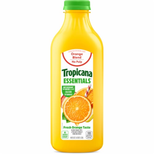 Tropicana Essentials Flavored Orange Juice Beverage Blend With Other Fruit, No Pulp 46 fl oz Bottle Perspective: front